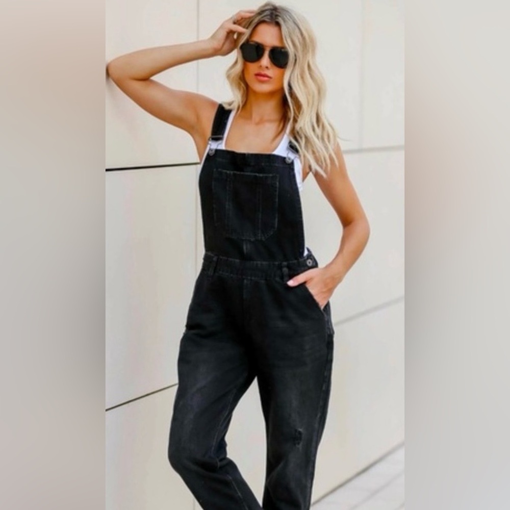 Risen LA Relaxed Fit Distressed Black Denim Overalls SZ Large Streetwear Casual